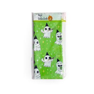 Green Halloween 54" x 96" Vinyl Tablecloth - Happy Kid Party Ghosts Pattern